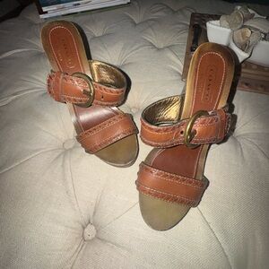 Coach Brown Leather Heeled Sandals with Brass Buckle – Size 6 (Est. 1941)